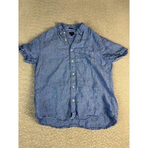 J Crew Shirt Mens Large Blue Linen Short Sleeve Button Down Slim Fit Casual